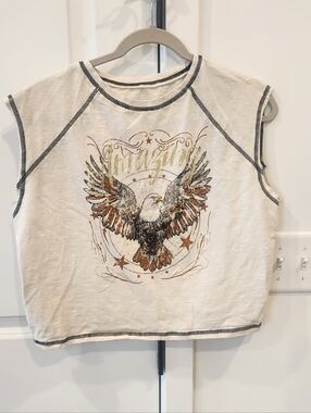 Graphic Eagle Crop Top - Cream with Brown & Black Detail